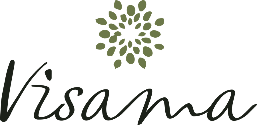 The Visama mark: a green leaf burst above the Visama signature