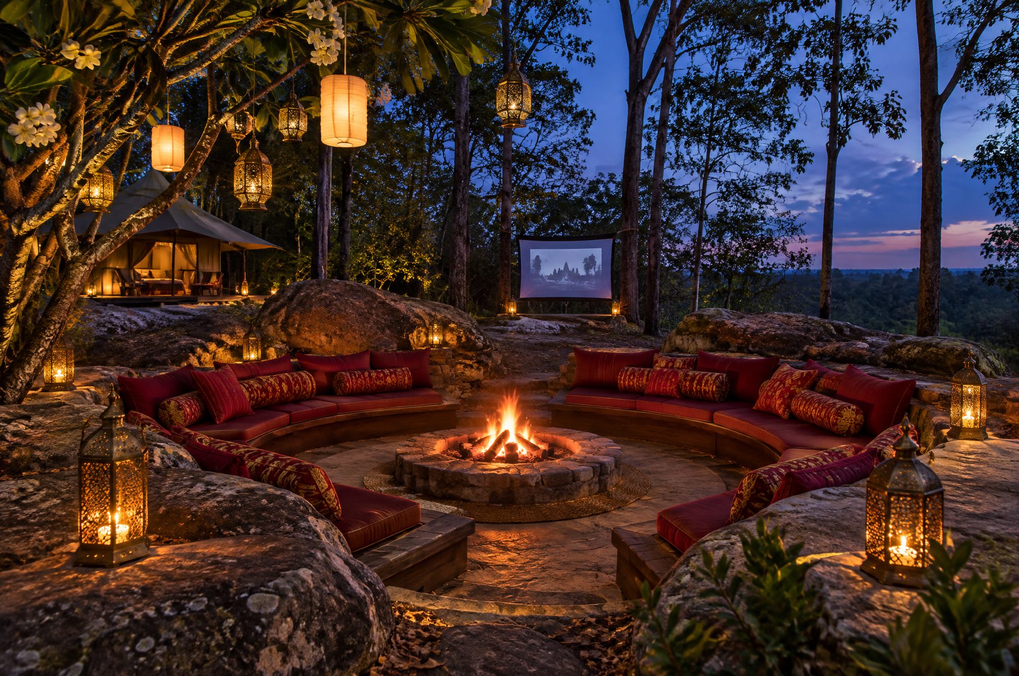 The Ambalama at Koah Ker: a sunken firepit among boulders, red cushions and lanterns