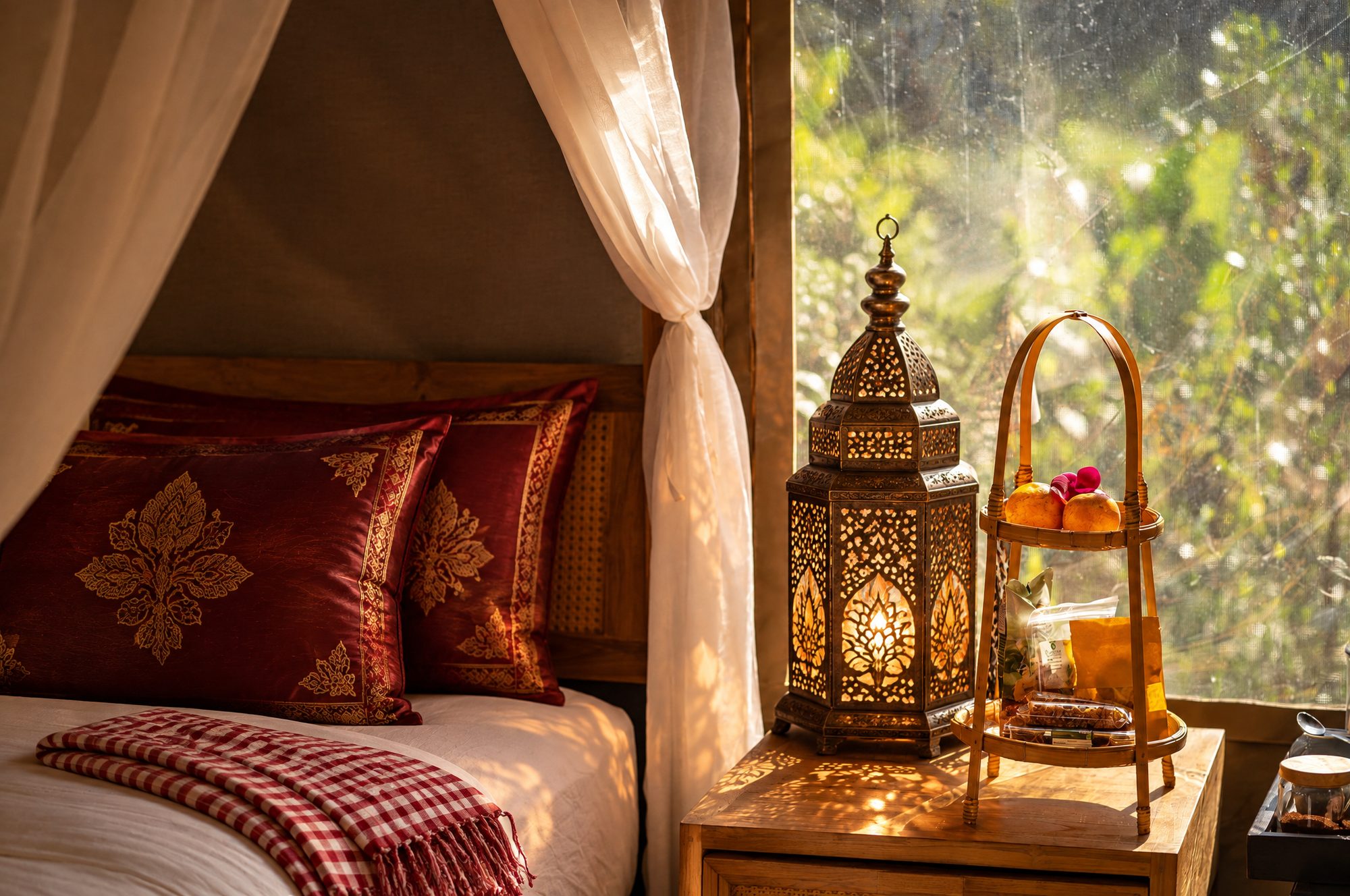 Red Khmer silk pillows and a brass lantern by the bed