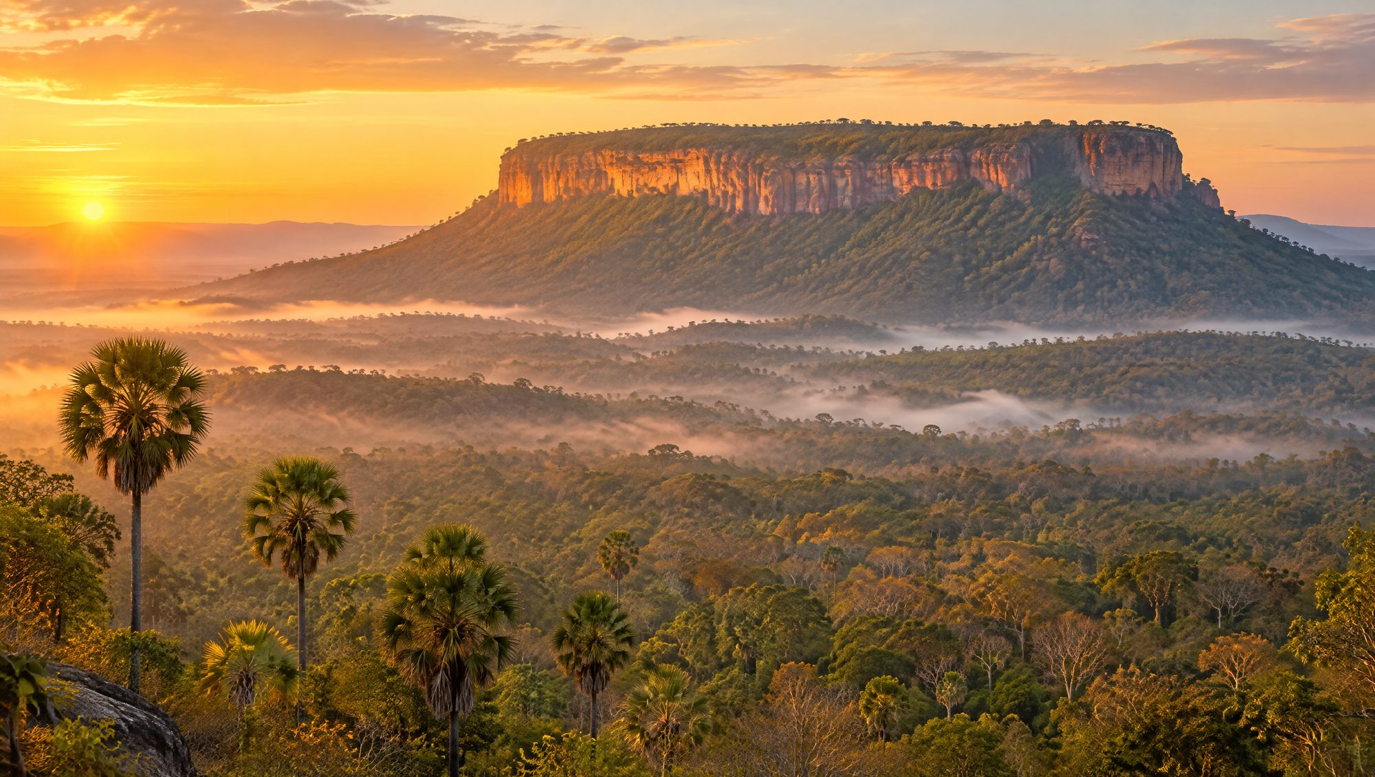 Sacred Tbaeng Mountain rising over the dry forest at Koh Ker