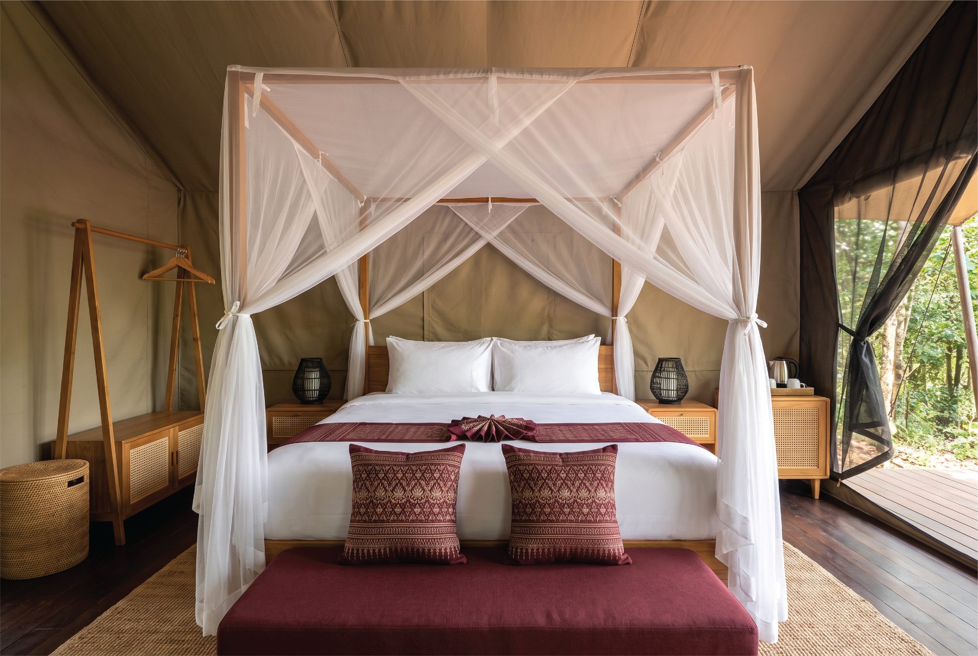 Tent interior with Khmer silk cushions
