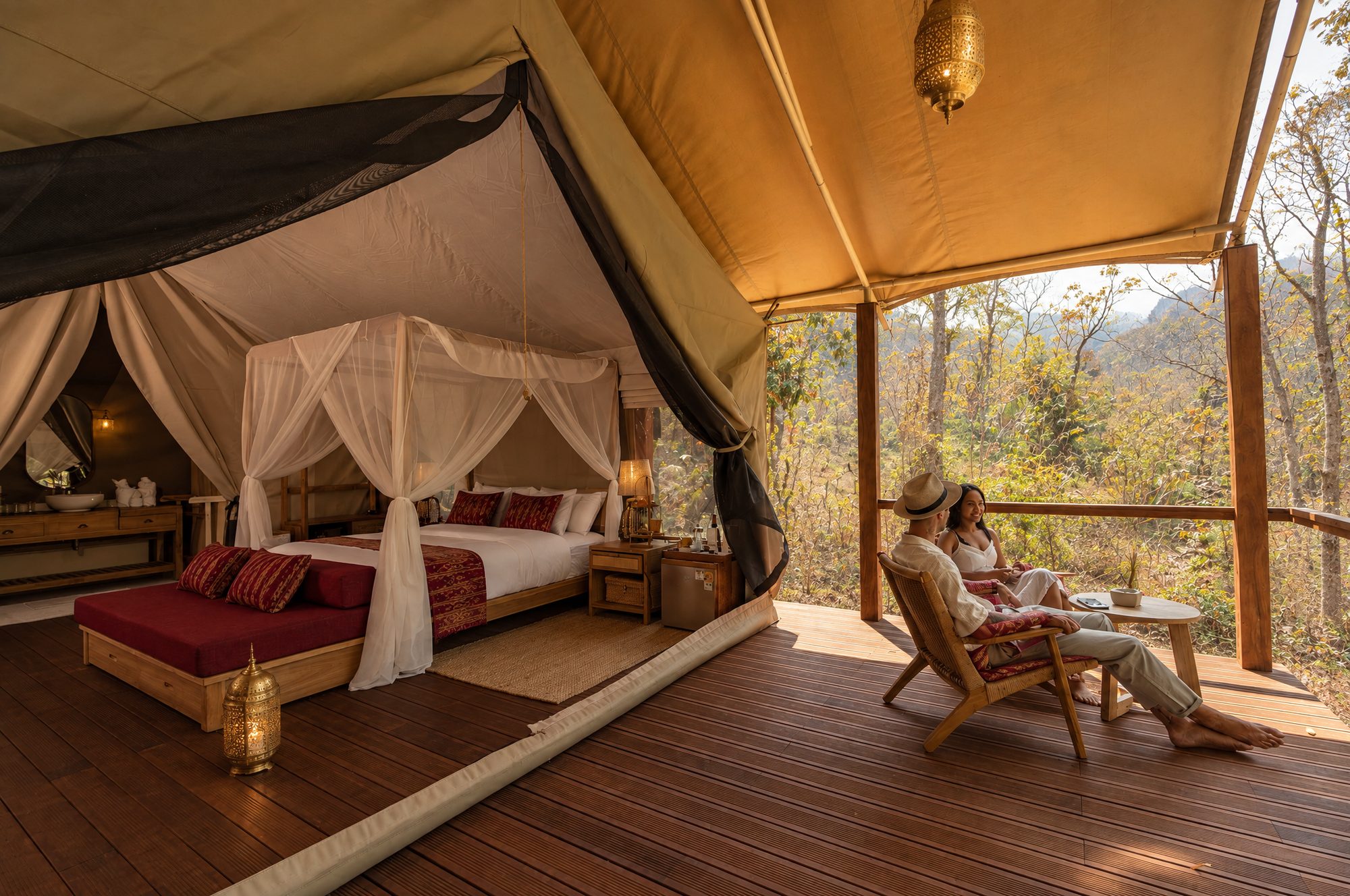 Guests relaxing on a covered tent veranda
