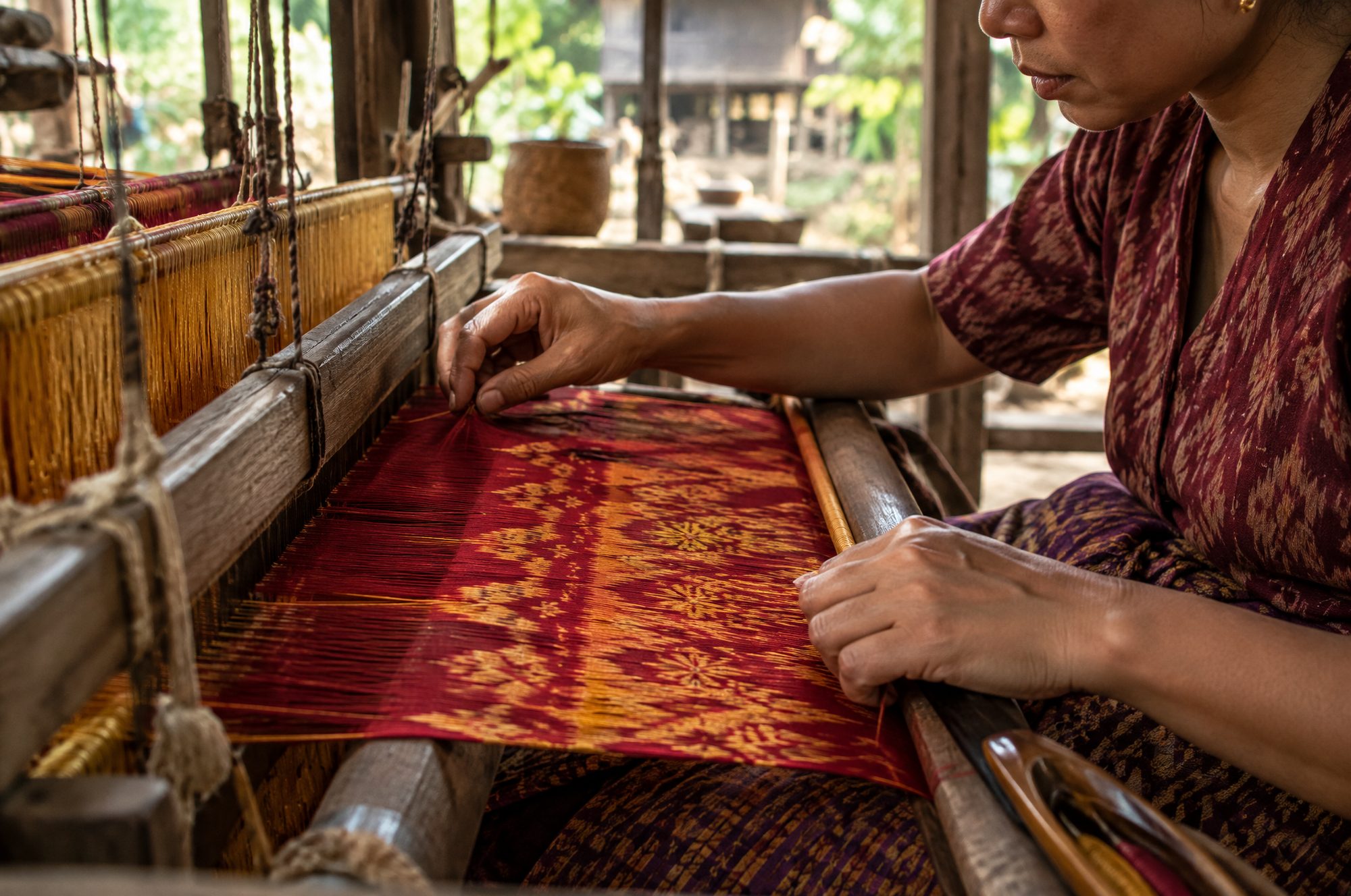Hands weaving red and gold hol silk on a wooden loom